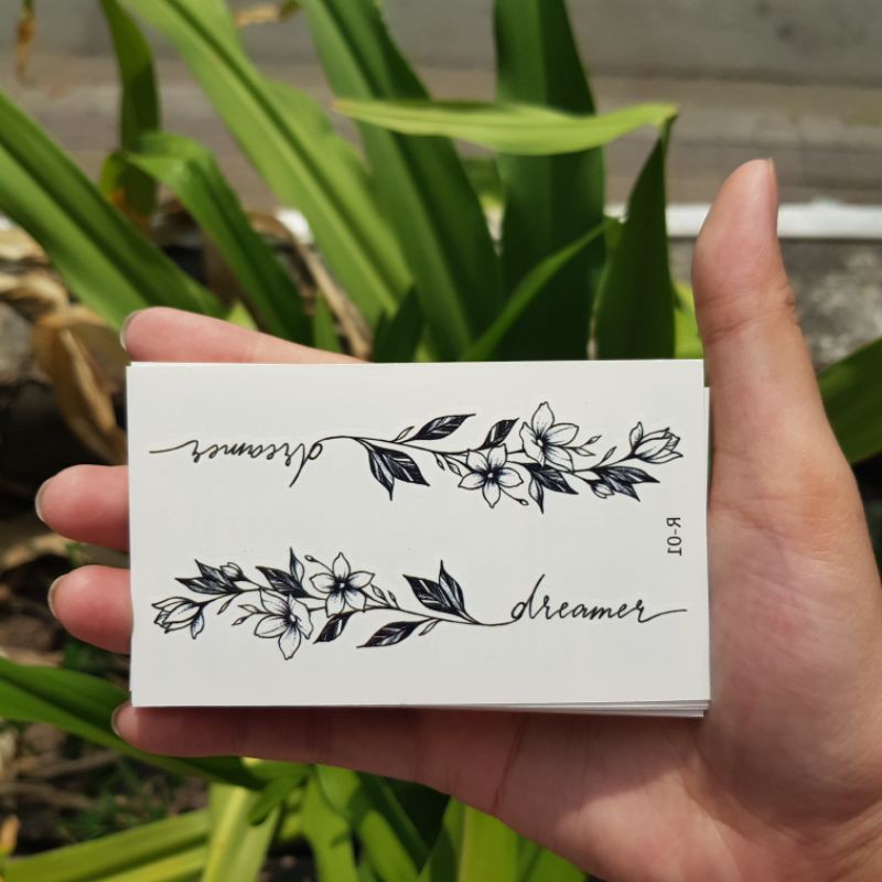 Hình xăm cành hoa chữ dreamer r01.Xăm dán tatoo mini tạm thời, size &lt;10x6cm