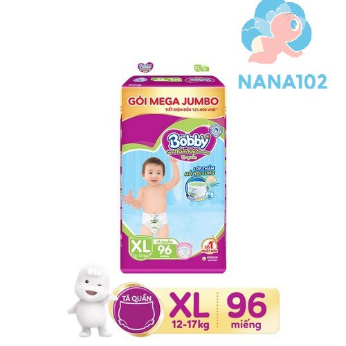 Tã quần Bobby Mega Jumbo M124/L108/L111/XL96/XXL88 Tặng 12 miếng