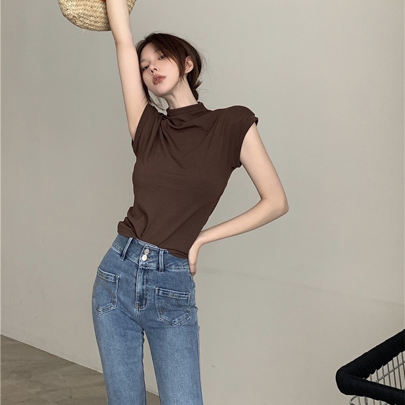 Áo Thun Tay Ngắn Cổ Cao Màu Trơn Dáng Ôm Thời Trang Cho Nữ