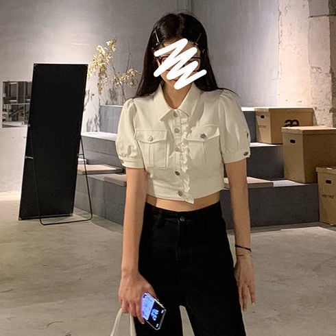 [F &amp; X] Áo Khoác Denim Tay Ngắn Dáng Ôm Viền Ren Thời Trang Mùa Hè Mới Cho Nữ