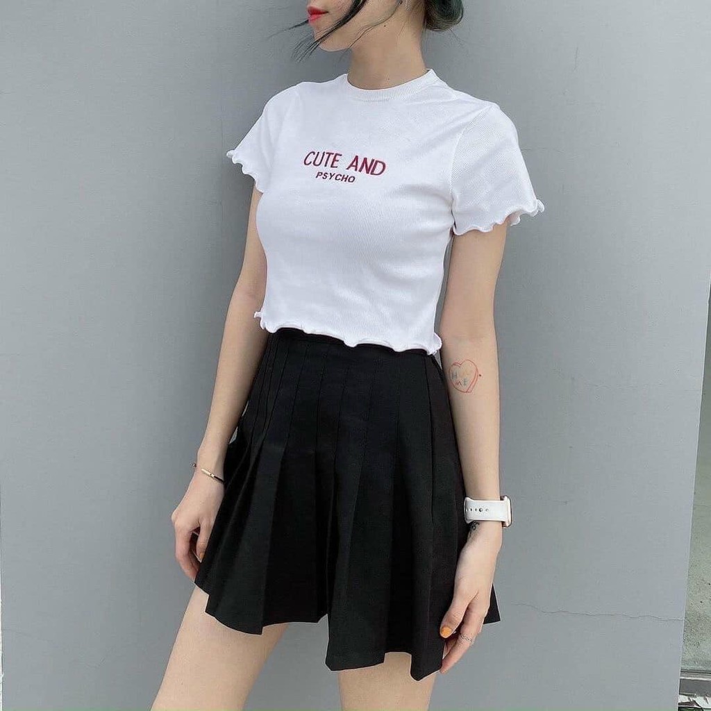 &lt;Rẻ Vô Địch&gt; Áo Croptop Nữ Thêu Chữ Cute Viền Bèo 2 Màu