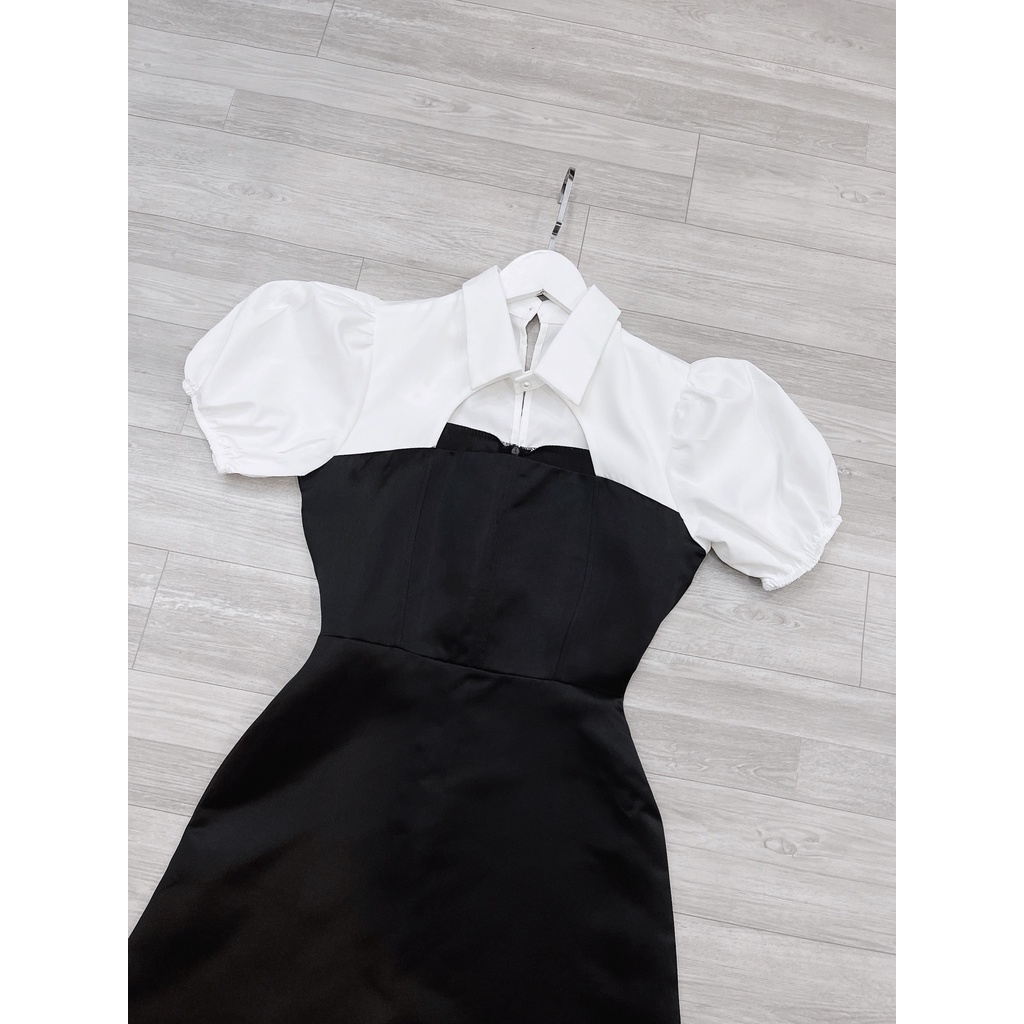 Váy tác ta phối cut out,chất tác ta lên phom mix phối tay bồng cut out chanh xả quyến rũ