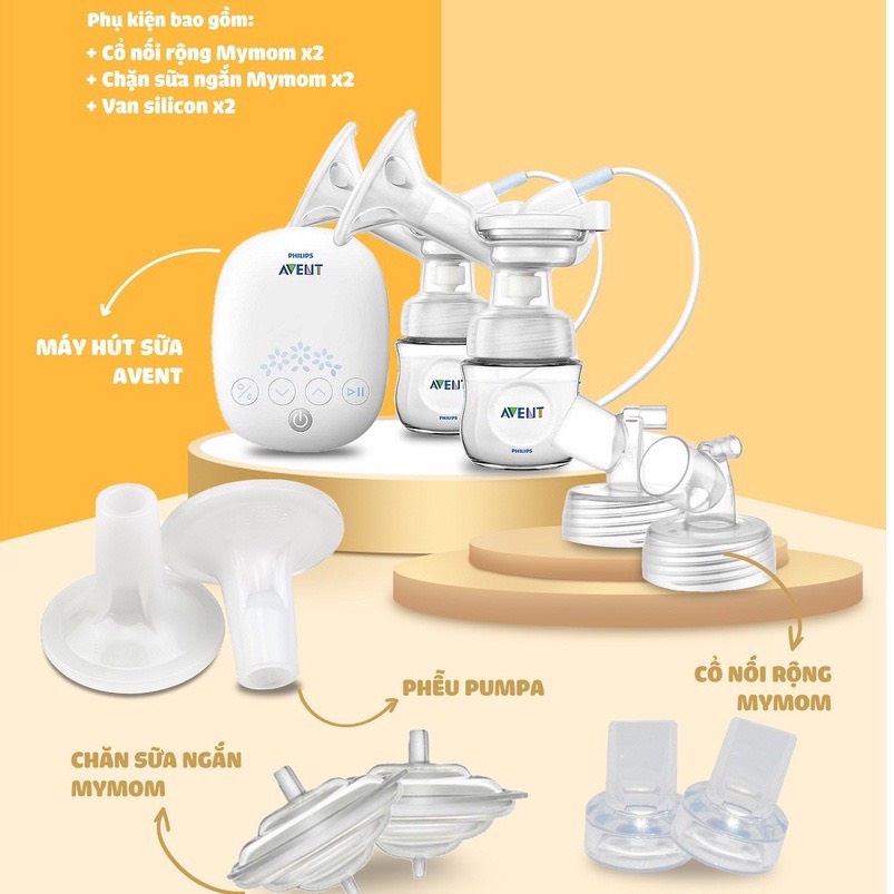 Combo cổ nối rộng, Chặn sữa ngắn maymom và van silicon - Phụ kiện phễu MiniPum dành cho máy avent