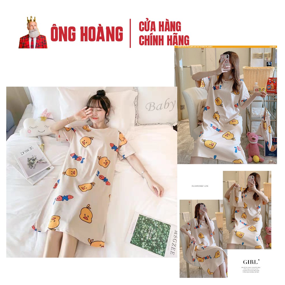 Váy ngủ cộc tay đầm ngủ dáng suông chất cotton mềm mát họa tiết con vịt dễ thương