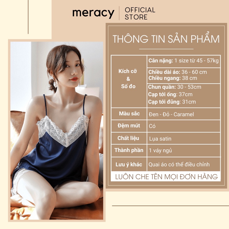 Đồ bộ ngủ 2 dây lụa satin nữ MERACY bộ đồ ngủ hai dây lụa satin phối viền ren sexy M07-BC