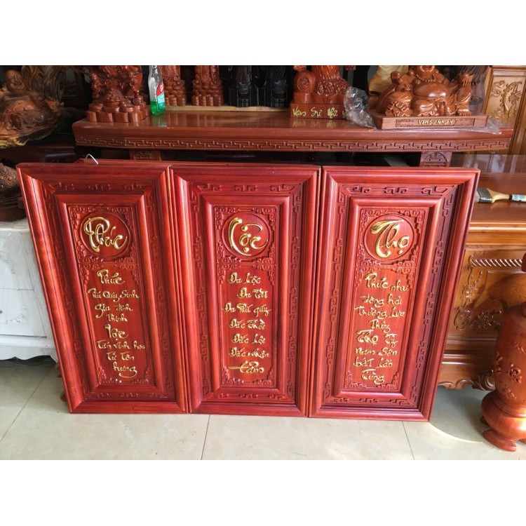 Bộ tranh phước lộc thọ gỗ hương, kích thước cao 78 cm x ngang 28 cm x dày 3cm