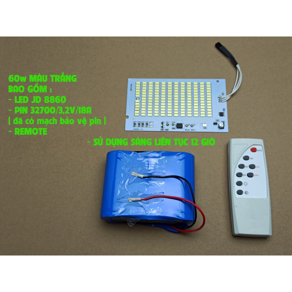 Combo led 60W pin 32650 đã có mạch bảo vệ 1s