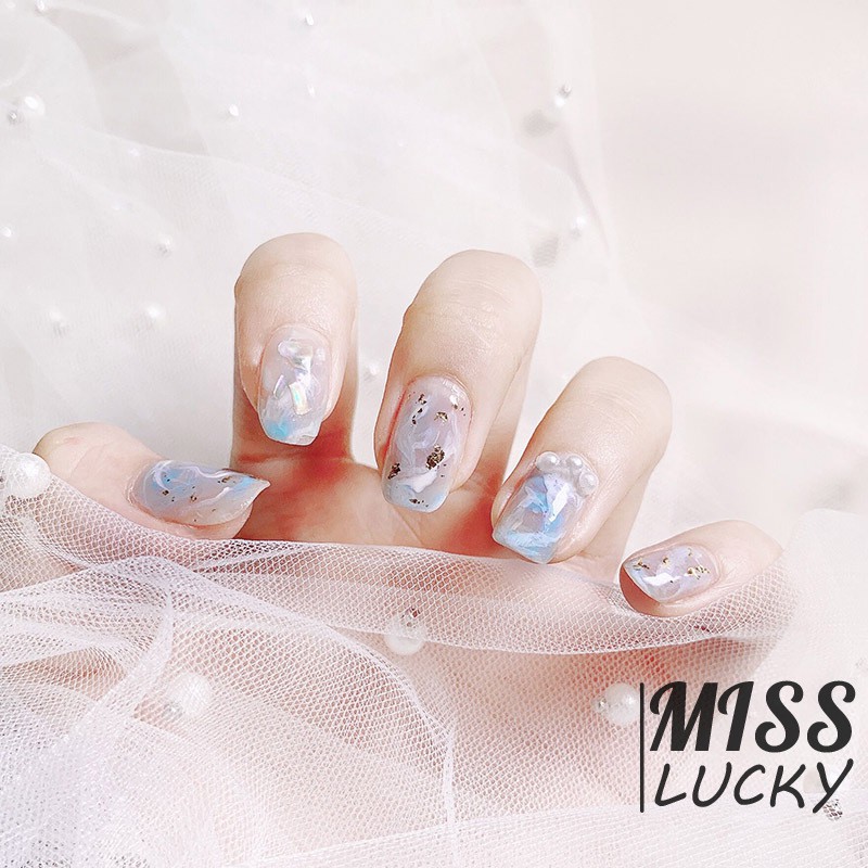 Bộ 24 Móng Tay Giả Đính Ngọc Trai Màu Xanh Dương Thời Trang