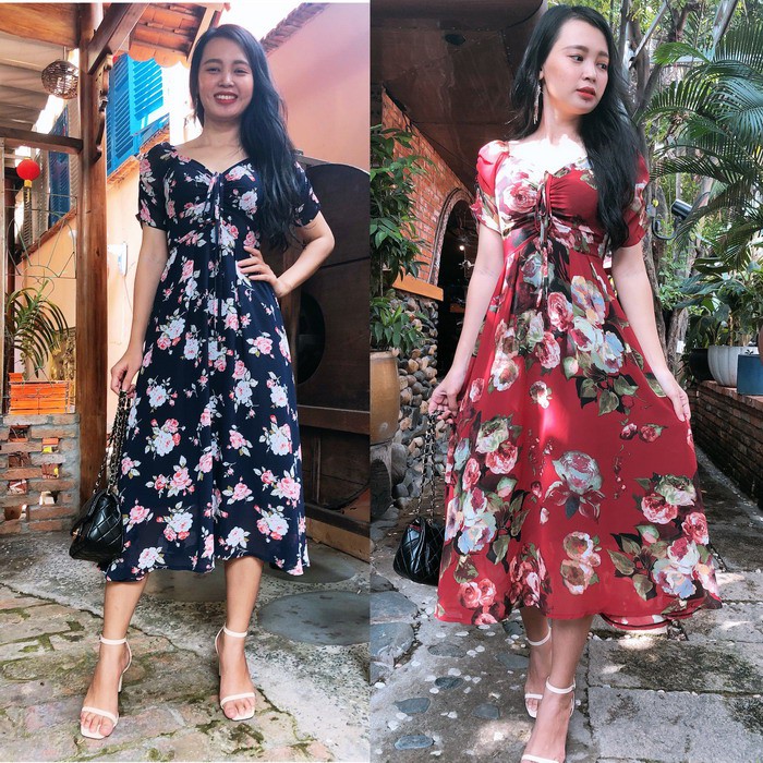 Đầm xòe hoa rút ngực form dài Misa Fashion siêu sang, tôn dáng, đầm đẹp, giá rẻ MS394