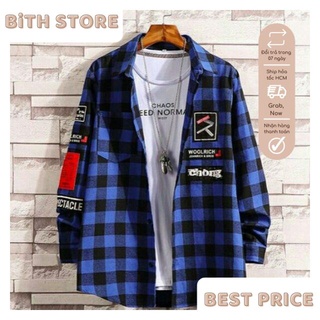 Áo khoác sơ mi tay dài sọc caro nam nữ thêu hình cá tính