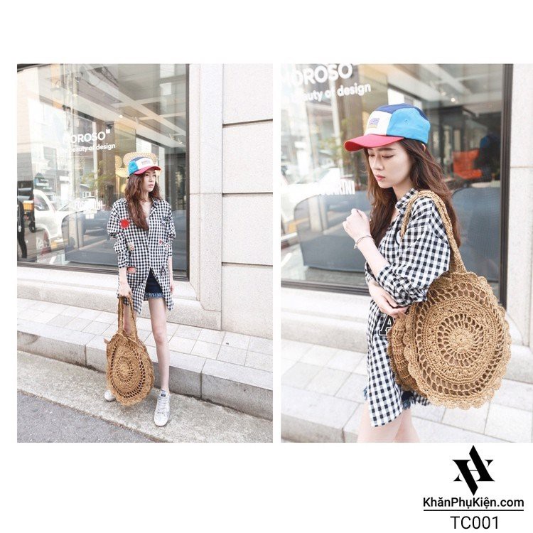 [NowShip - Giao Ngay] Túi Cói Boho Vintage Đeo Vai Hình Tròn Họa Tiết Màu Nâu Trơn