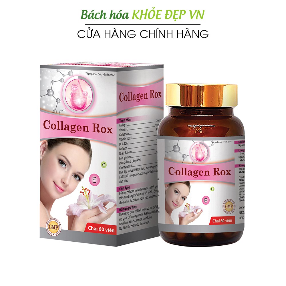 Viên uống đẹp da Collagen Rox, Vitamin E C chống lão hóa, nếp nhăn - Hộp 60 viên