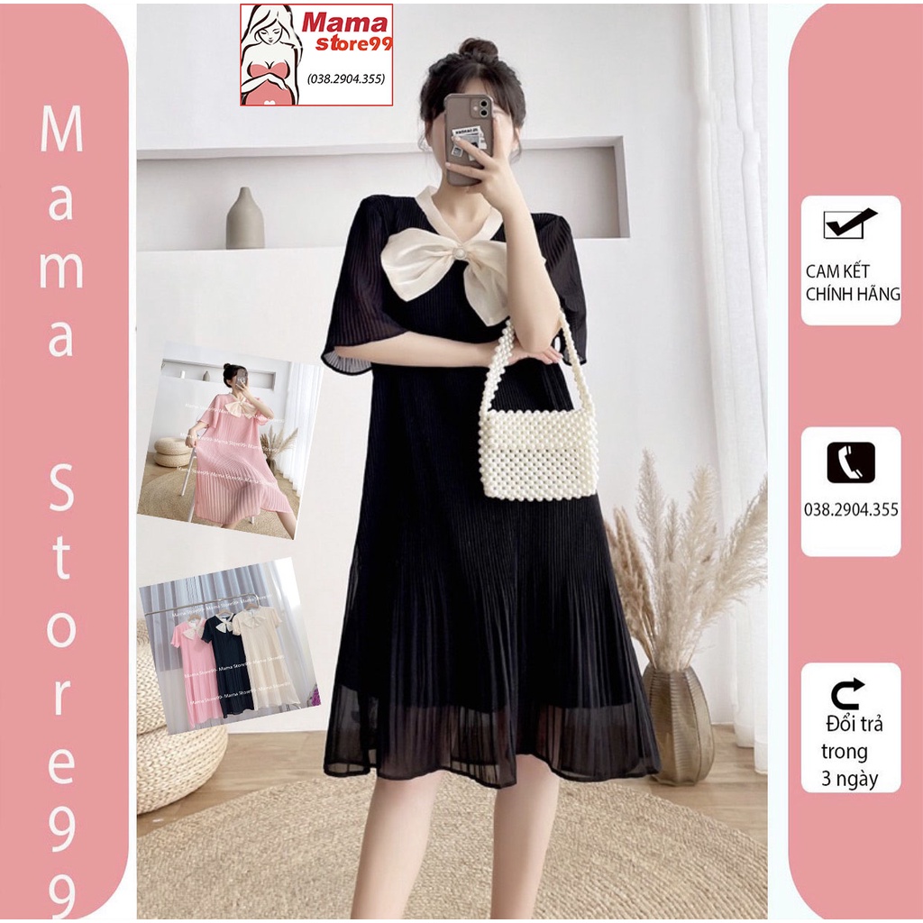 Váy Bầu Đầm Bầu Phong Cách Hàn Quốc Sang Chảnh Công Sở Dự Tiệc. Chất Voan Xếp Li 2 Lớp Nơ Ngực Cao Cấp, Dáng Suông HN277