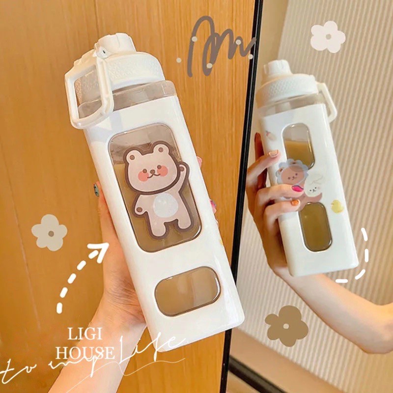 Bình đựng nước kèm sticker cute có ống hút,Bình đựng nước màu hồng đáng yêu