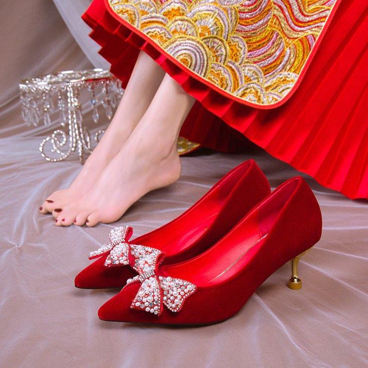Giày Cao Gót Cô Dâu Màu Đỏ Pha Lê Phong Cách Thời Trang Mới 2022