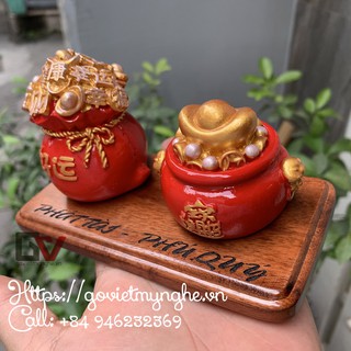 [Túi tiền màu đỏ may mắn] 2 tượng bao tiền phong thủy chiêu cầu tài lộc - Đế gỗ tự nhiên - Chiều Cao 7cm