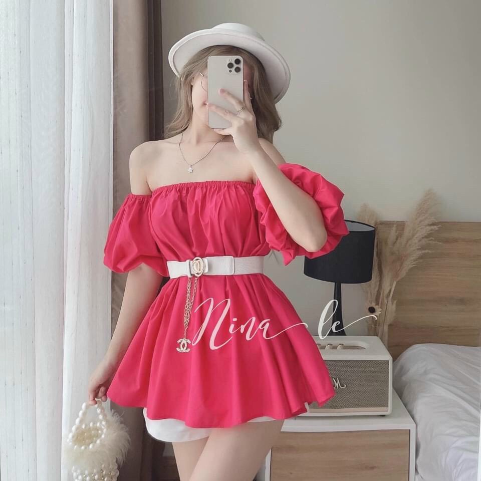 Set áo trễ vai nữ tay bồng kèm quần short trắng, set đùi bèo nhiều màu sắc tiểu thư đi chơi, đi biển dễ thương