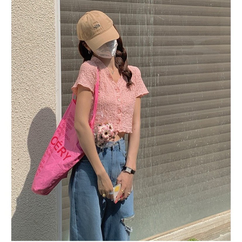 Cocory vn Áo kiểu croptop tay ngắn cổ chữ V cài nút thời trang mùa hè xinh xắn quyến rũ dành cho nữ