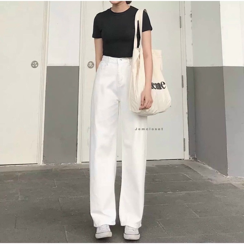 Quần jean nữ phối khuy gài eo cạp cao phong cách Ulzzang Hàn Quốc hai màu đen trắng ngầu chất
