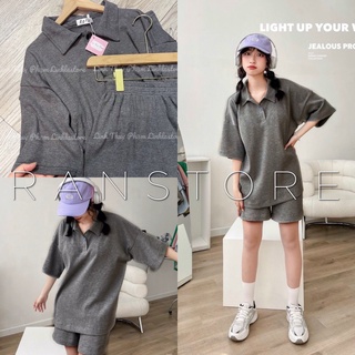Set áo polo xám tổ ong cúc cổ kèm quần đùi ống rộng cá tính/ Set áo thun tay lỡ form rộng phối quần short mặc mùa hè