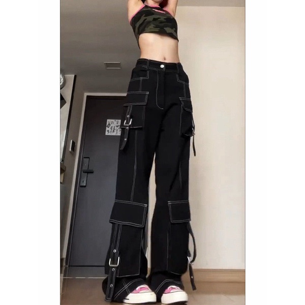 Quần Jean Baggy Ống Rộng Phối Túi Thời Trang Đường Phố Hàn Quốc Cho Nữ