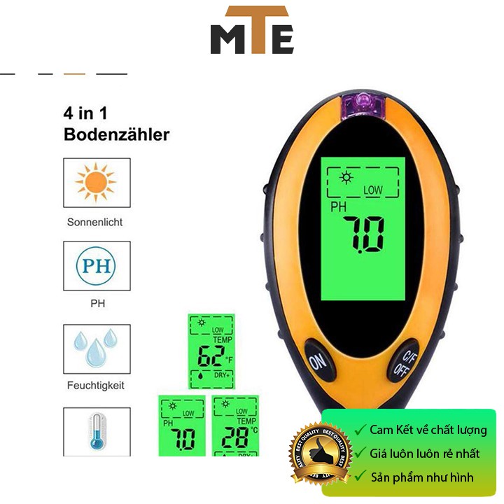 Máy đo PH, độ ẩm của đất, đo nhiệt độ, cường độ ánh sáng môi trường hiển thị LCD- KÈM PIN