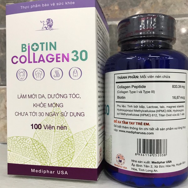 Biotin Collagen 30 - Viên uống đẹp da, hỗ trợ mọc tóc Mediphar USA sản xuất chuẩn GMP - Hộp 100 viên nén | BigBuy360 - bigbuy360.vn