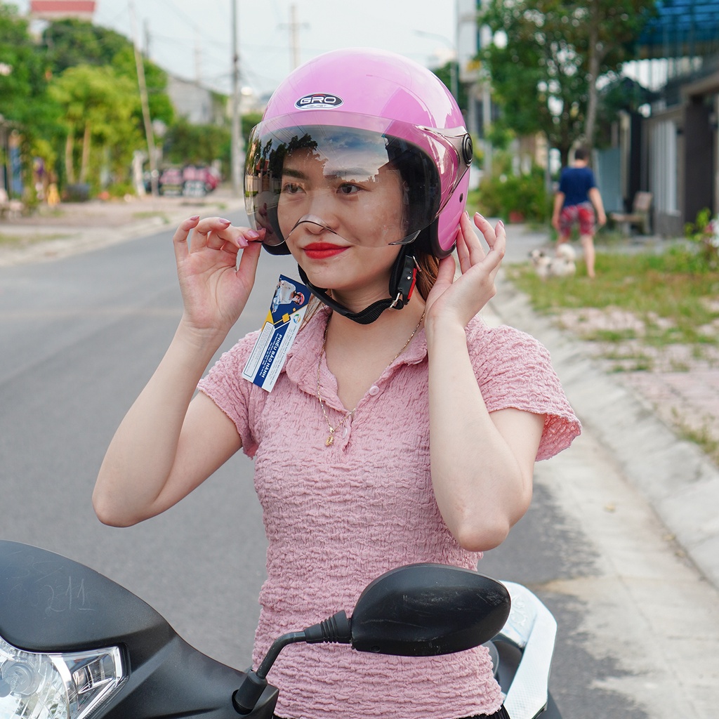 Mũ Bảo Hiểm 3/4 đầu GRO Helmet T818 có kính ngắn che nửa mặt, kiểu dáng thời trang cho nữ, khóa kim loại - Hồng Nhạt