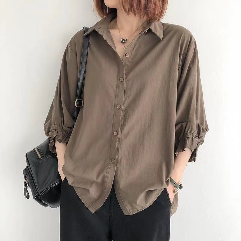 SUXI Áo Sơ Mi Tay Dài Dáng Rộng Màu Sắc Đơn Giản Thời Trang Hàn Quốc Xinh Xắn Cho Nữ