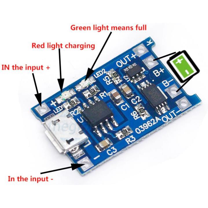 Mạch sạc 1s pin Li-ion 18650 TP4056 V2 (Có Bảo Vệ).
