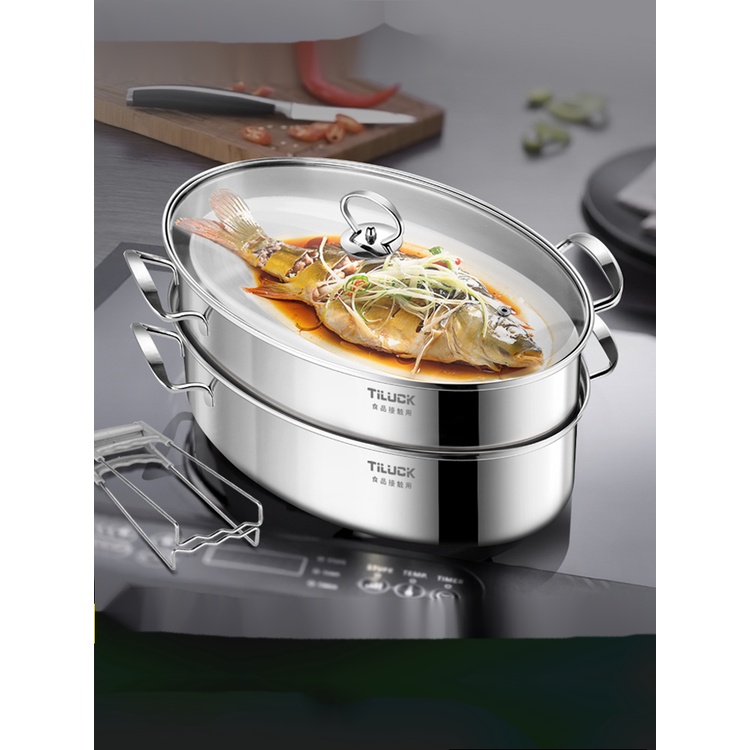 Nồi Hấp Cá Lớn Gia Dụng Dày 304 Inox 38Cm Một Lớp Nồi Hấp Cá Hình Bầu Dục Nồi Bếp Từ Nồi Hấp