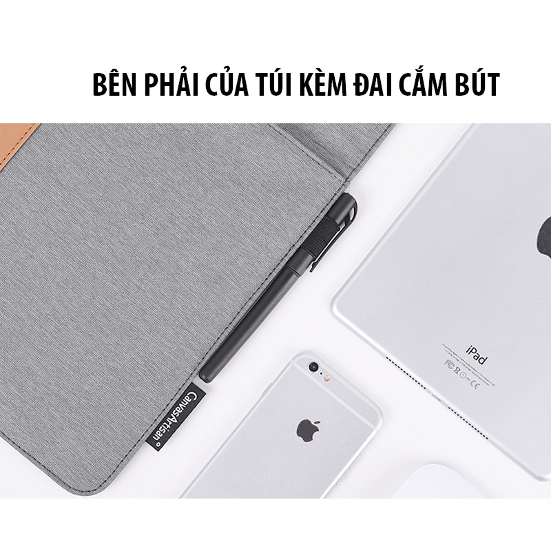 Túi chống sốc Laptop, Macbook Canvasartisan viền da kèm khe cắm bút và khe sạc cao cấp