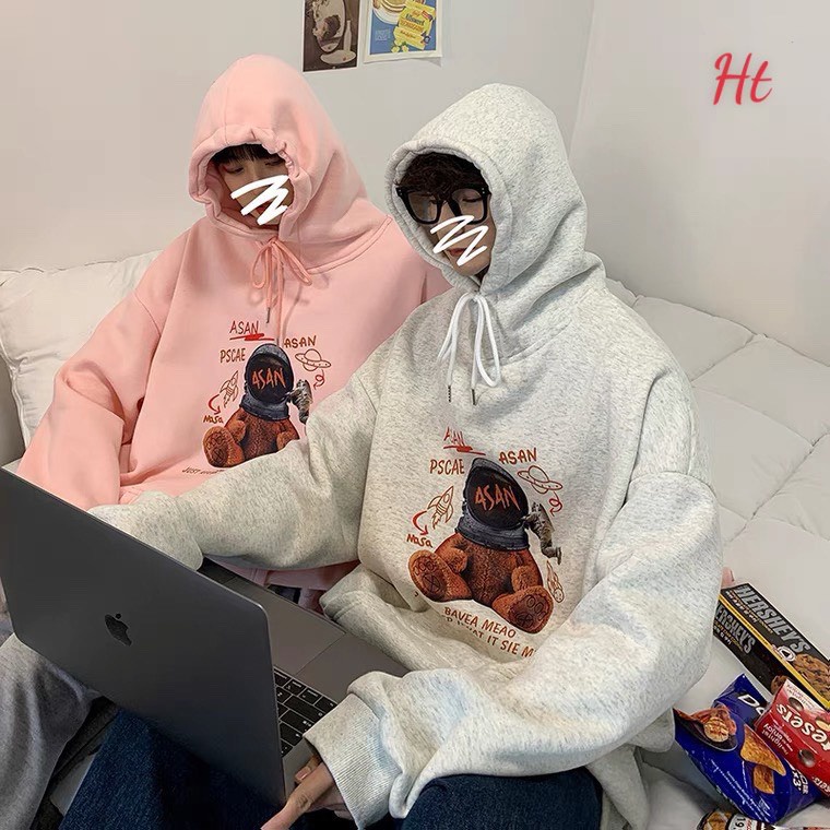 Áo hoodie Unisex oversize Gấu Asan Cotton nỉ SG 2 màu: Hồng Xám mặc Couple cực chill