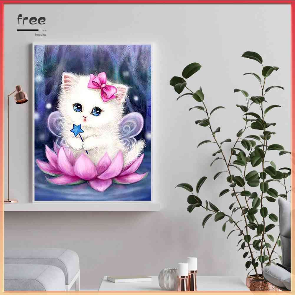 Bộ Tranh Đính Đá 5D DIY Hình Mèo Và Hoa Sen Để Trang Trí Nhà