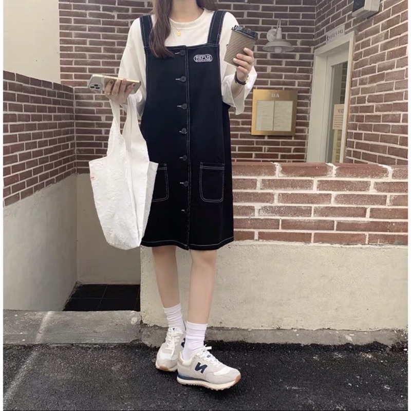 (Ảnh thật)Set Yếm Thêu Logo Yếm Ngăn Dài Chất Kaki Ao Trong Kẻ Thô Áo Trắng Cotton Hot Trend GU Store