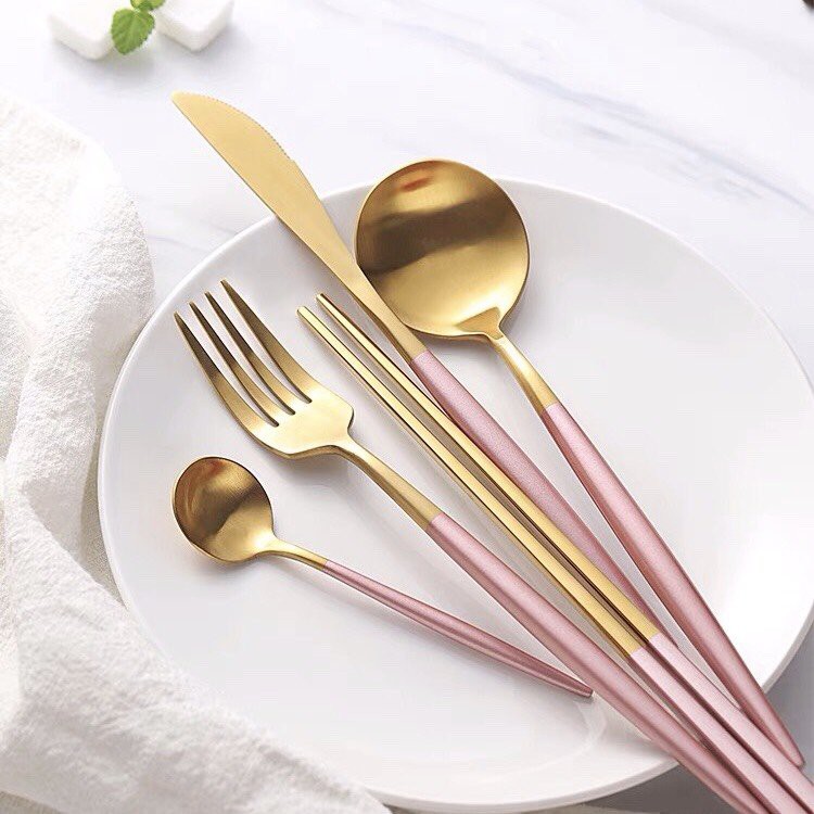 Bộ dụng cụ ăn bằng thép không gỉ phong cách Hàn Quốc, dao đũa thìa mạ vàng màu hồng vàng : 8.7
