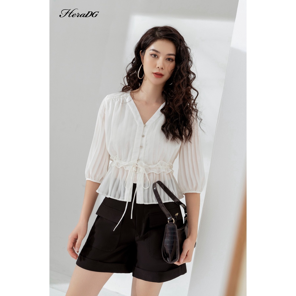 Áo sơ mi nữ thiết kế kiểu bèo eo thắt nơ tay bồng lỡ chất liệu xanh Recycled HeraDG SAKBC3019