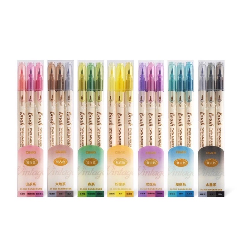 TWIN MARKER BRUSH PEN - Set 3 bút lông 2 đầu viết calligraphy/ nét thanh nét đậm