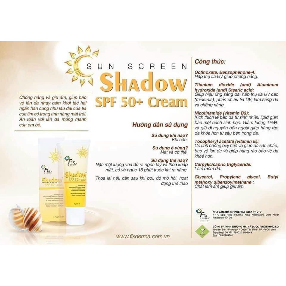 Kem Chống Nắng Phổ Rộng Fixderma Shadow Mỏng Nhẹ Không Gây Bí Da SPF50 Cream SPF 30 Gel Nhập Khẩu Chính Hãng