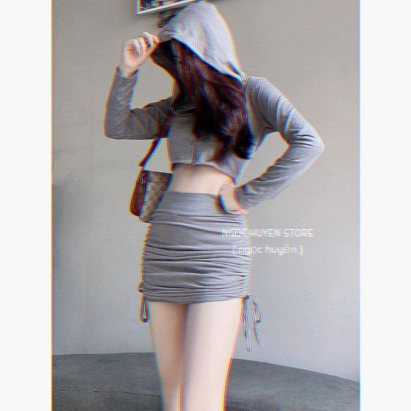 Set Áo Croptop Nón Cài Nút + Chân Váy Rút | BigBuy360 - bigbuy360.vn