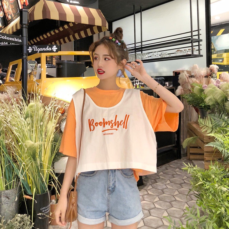 Set Áo Thun Tay Ngắn + Áo Thun Sát Nách Dáng Rộng Thêu Chữ Phong Cách Hàn Quốc Thời Trang Mùa Hè 2022 Cho Nữ