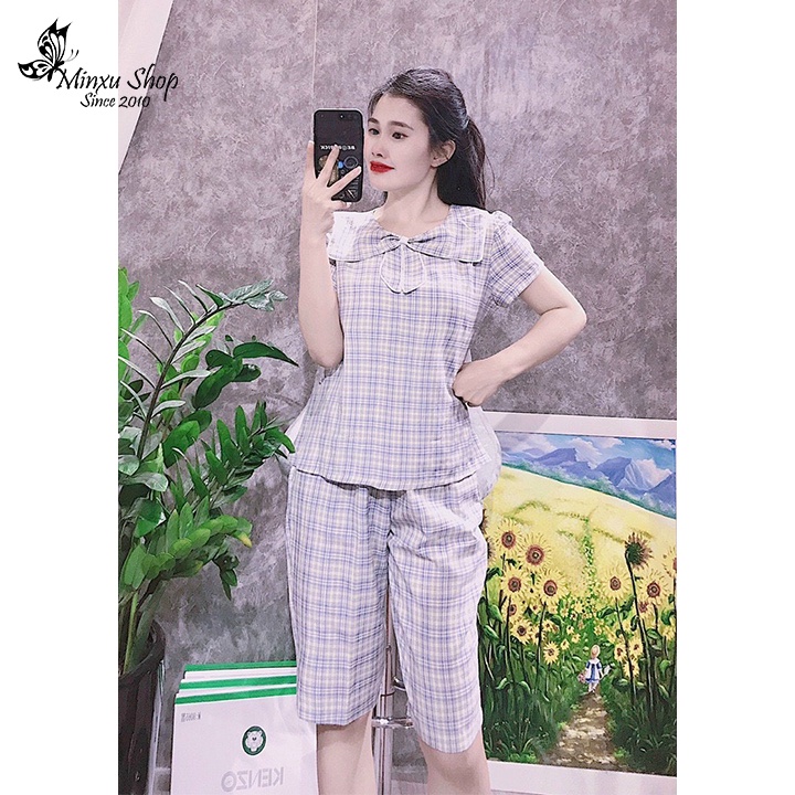 Bộ đồ ngủ nữ mặc nhà kẻ caro áo cộc quần lửng chất đũi mềm thoáng mát thấm hút mồ hôi Minxu Shop BR