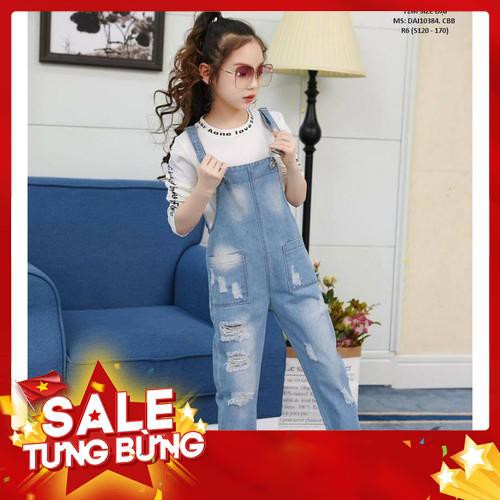 Yếm jean dài bé gái bé trai mặc jean mềm co giãn nhẹ wash rách -Hàng nhập khẩu