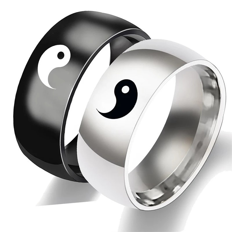 Nhẫn Thép Không Gỉ Màu Trắng Đen In Hình Âm Dương Yin Yang Thời Trang Cho Nam Nữ