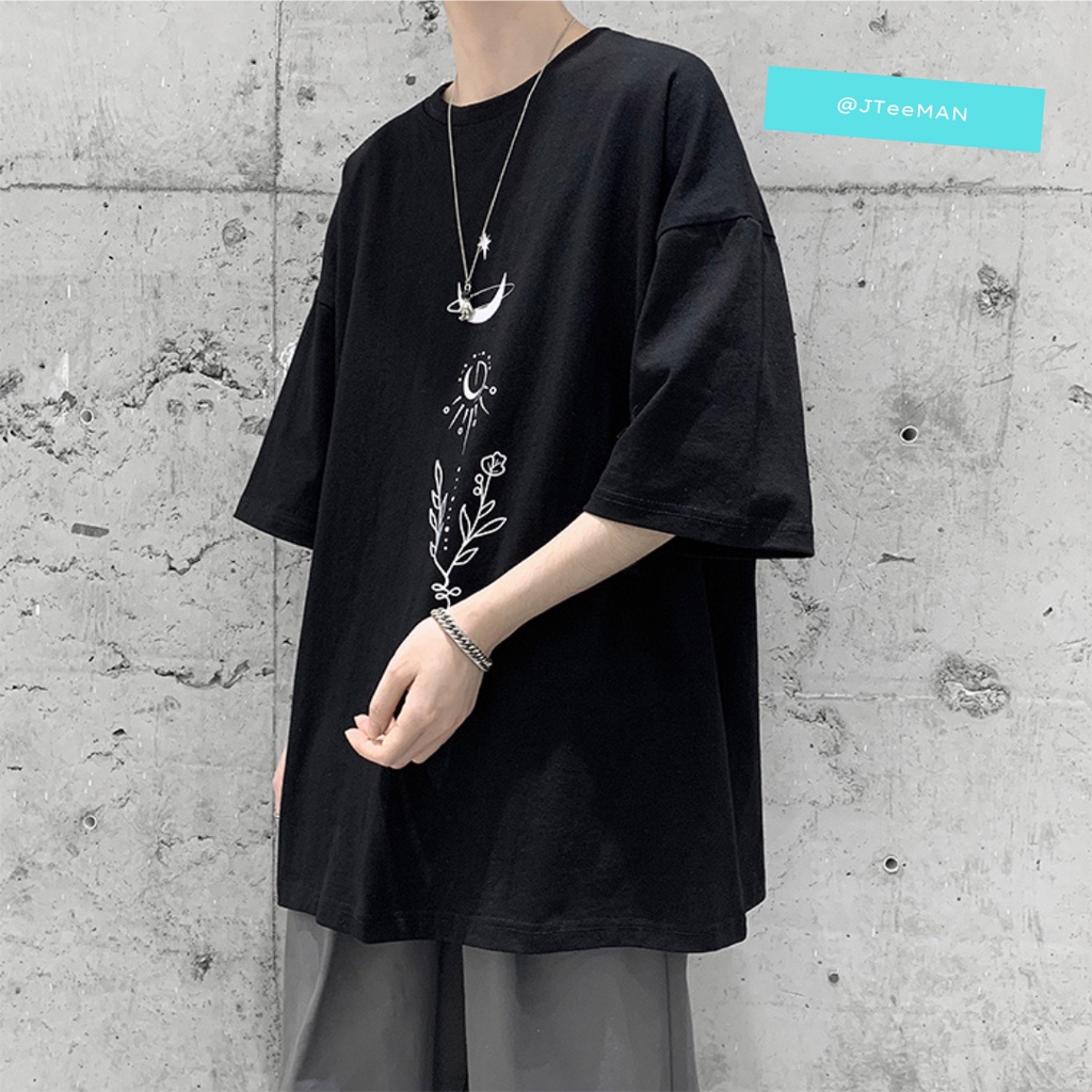 Áo thun Unisex tay lỡ nam nữ JTeeMan, áo phông Unisex form rộng vải Cotton in hình mặt trăng mặt trời và hoa - JT13