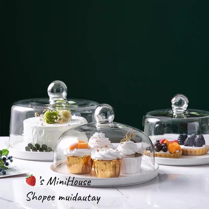 Đĩa bánh ngọt đế sứ kèm chụp thuỷ tinh