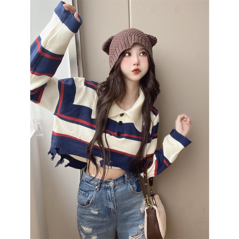 Áo sweater dệt kim cổ bẻ tay dài họa tiết sọc ngang phong cách thời trang Mỹ cho nữ
