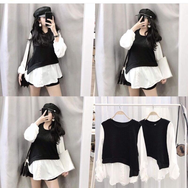 Áo babydoll phối màu nơ eo