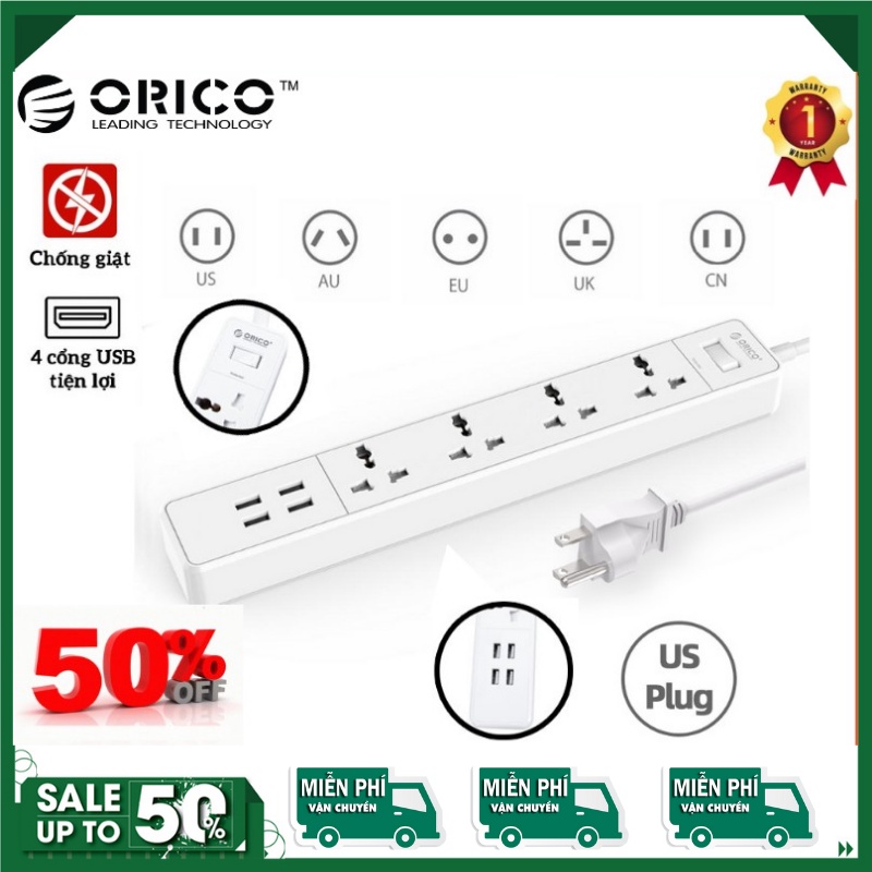 Ổ Cắm Điện ⚡FreeShip⚡ Ổ Cắm Điện Orico 4A-4U-UN 4 lỗ cắm 3 chấu, tích hợp 4 cổng sạc USB 2.4A Bảo Hành 1 Năm