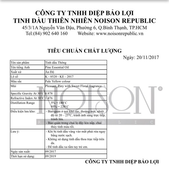 Tinh dầu Gỗ thông Noison 100ml | Pine Essential Oil | Nhập khẩu Ấn Độ